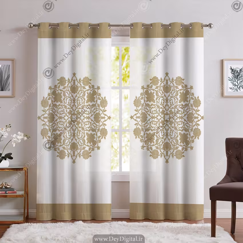 پرده پانچ طرح گل اسلیمی رنگ فیلی SA-3933