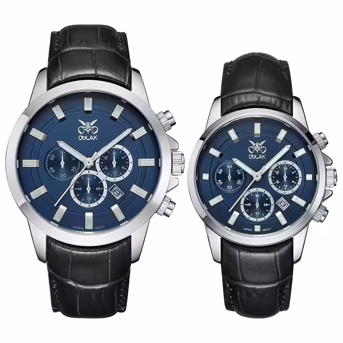 ست ساعت مچی عقربه ای زنانه و مردانه اوبلاک مدل 72697 رنگ استیل صفحه سورمه ای