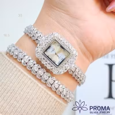 ست ساعت نقره و دستبند نقره زنانه جواهری مربع مدل PRM50