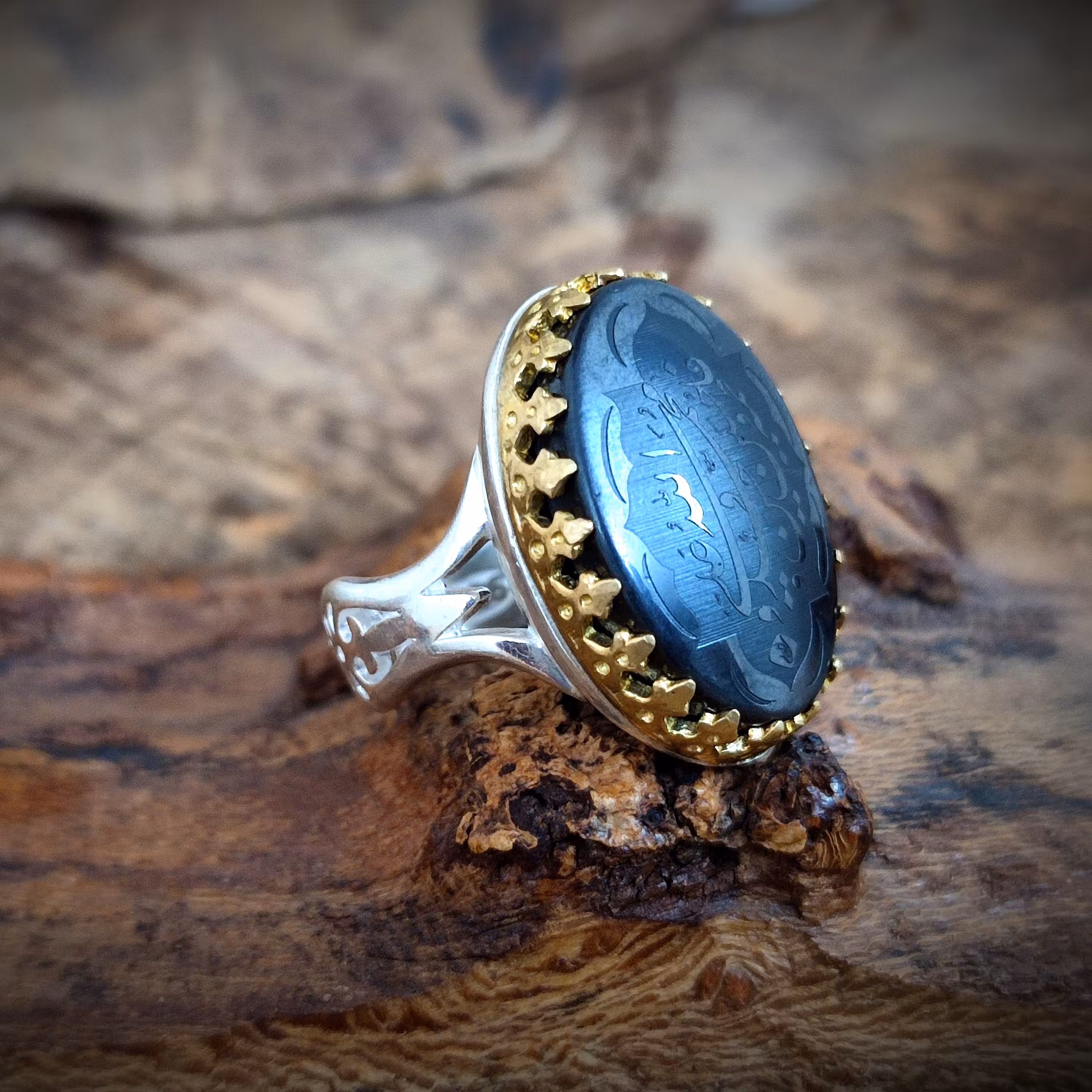 انگشتر نقره مردانه با نگین حدید خطی ذکر پنج تن آل عبا