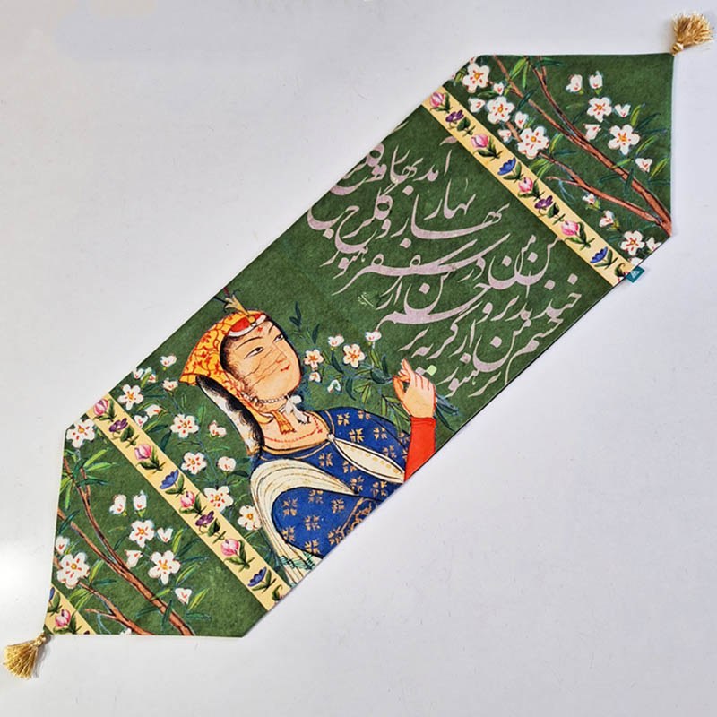 رانرجلو مبلی مخمل آستر دار طرح بهار درقاب سبز 2باخط  40x125 منگوله دار