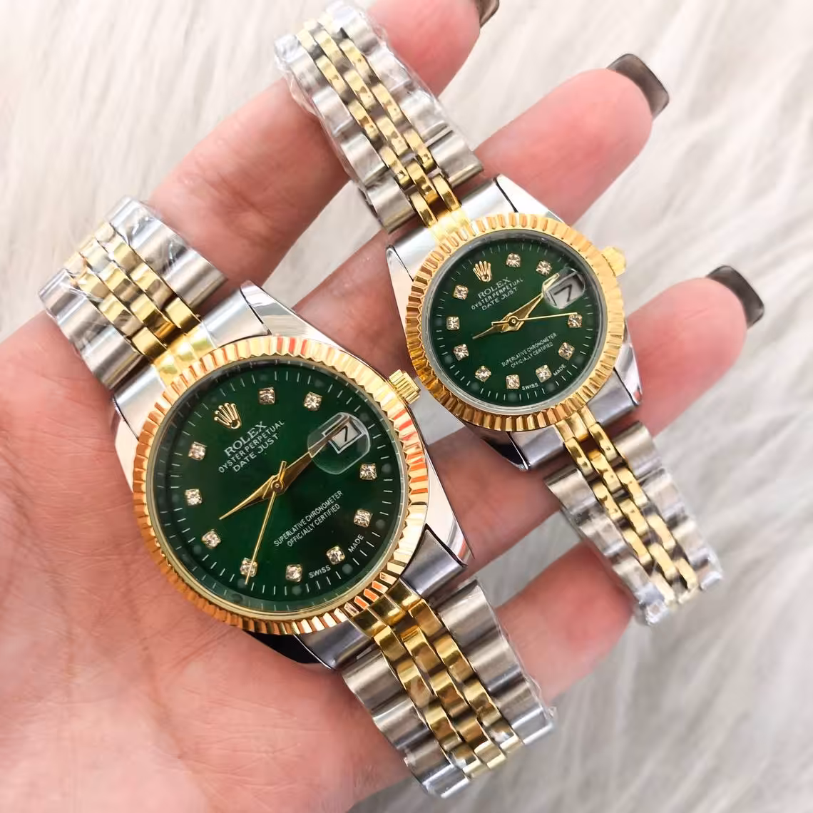 ست ساعت رولکس مردانه و زنانه  بنداستیل دورنگ صفحه سبز