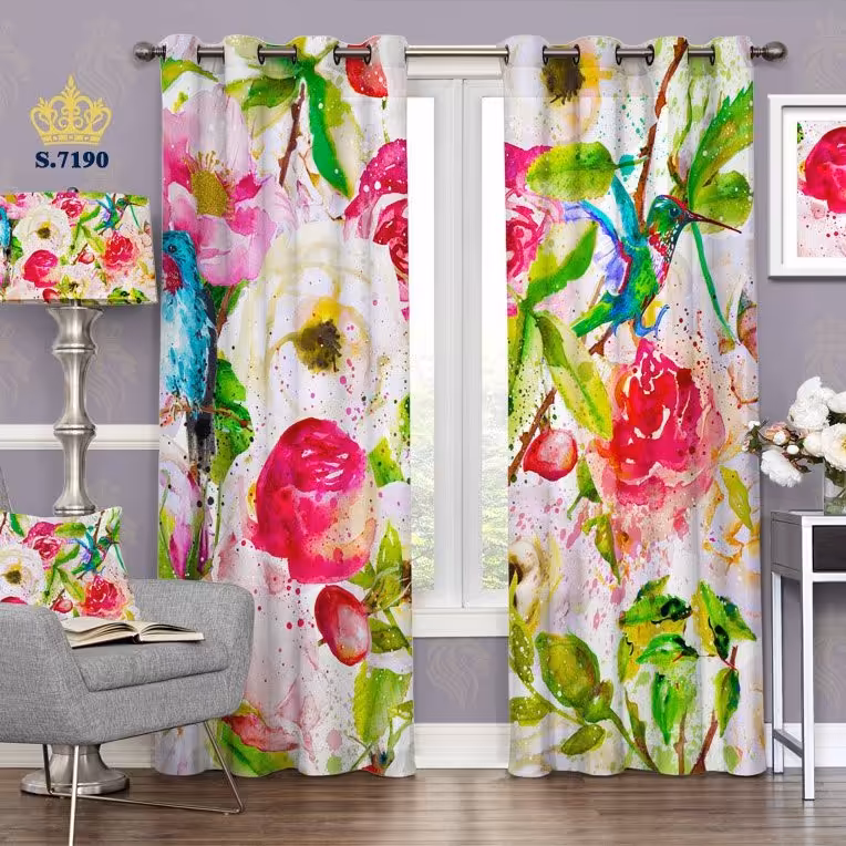 پرده برداری دو قواره پانچ گلدار طرح آبرنگی گل و مرغ مگس خوار کد 7190