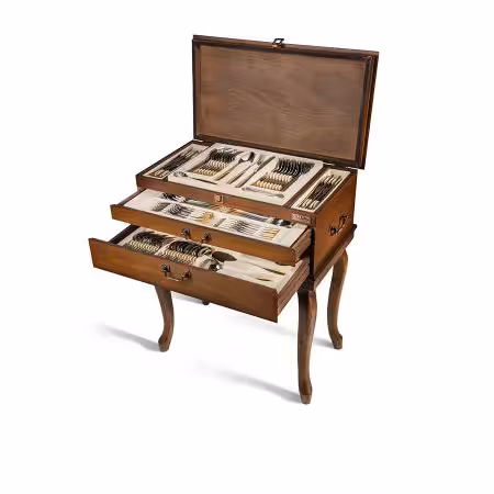 سرویس قاشق و چنگال 18 نفره ناب استیل طرح واریان (136 پارچه) بعلاوه کنسول چوبی