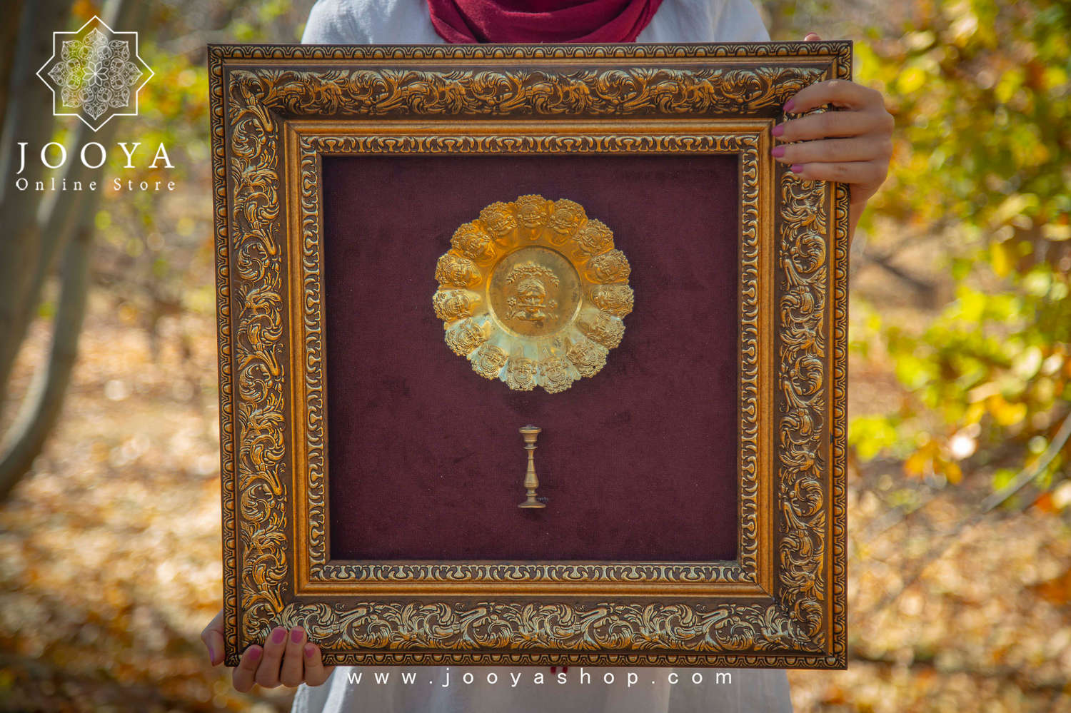 تابلو برنجی بشقاب طرح شاه عباس و شمعدان قدمت دار