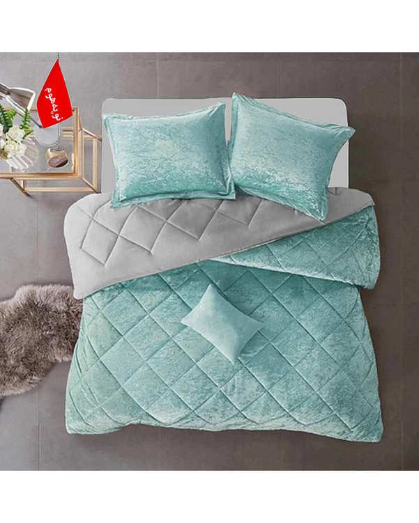 سرویس لحاف روتختی مینیمال مخمل یک نفره 5 تکه آبی آسمانی نوپه هوم Nopehome طرح لوزی کد MKH02