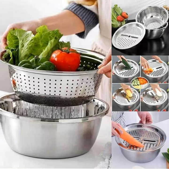 آبکش و لگن رنده دار استیل  سه پارچه