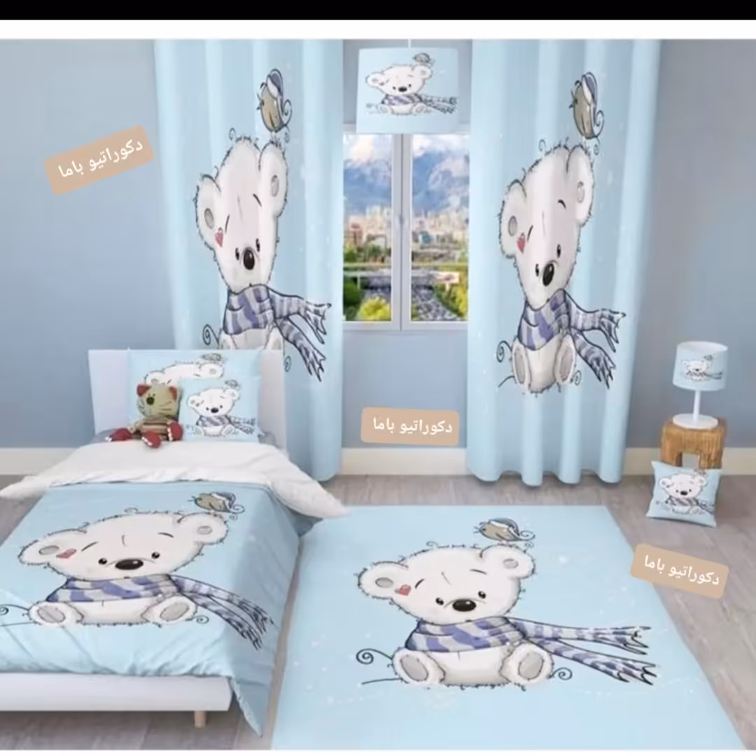 ست اتاق کودک طرح خرس شالدار  یک پنل پرده و روتختی و فرشینه و لوستر(پس کرایه)