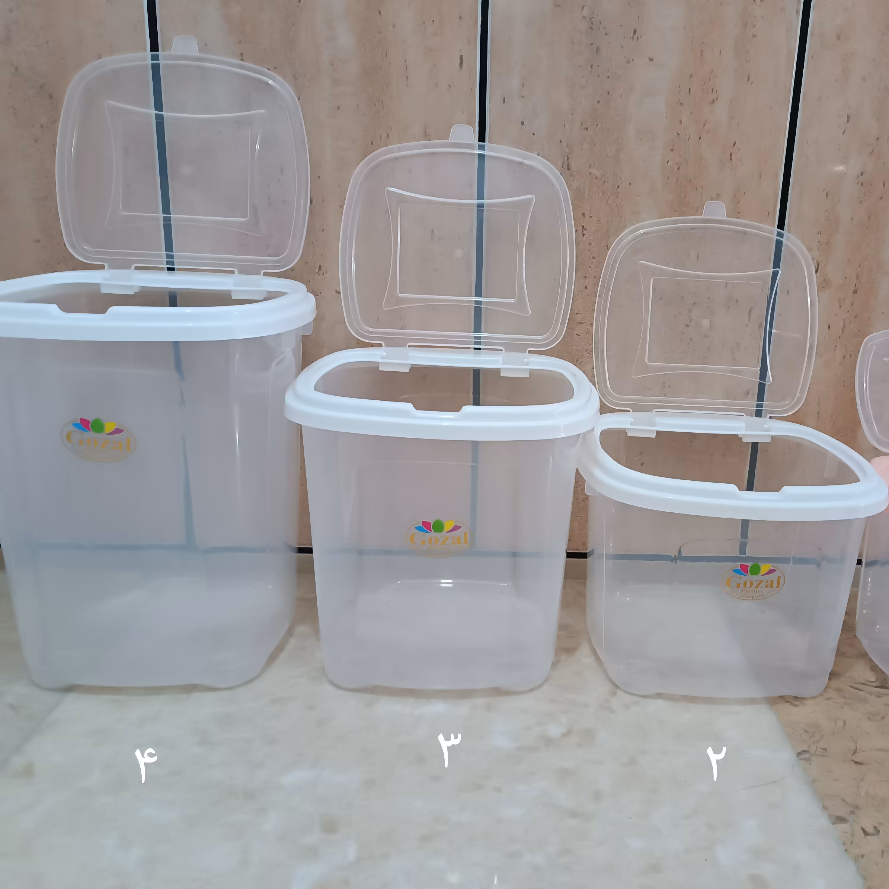 سطل حبوبات شفاف سایز3 ، 8کیلویی، رنگ درب سفید و بدنه شفاف، ارتفاع25 طول و عرض27