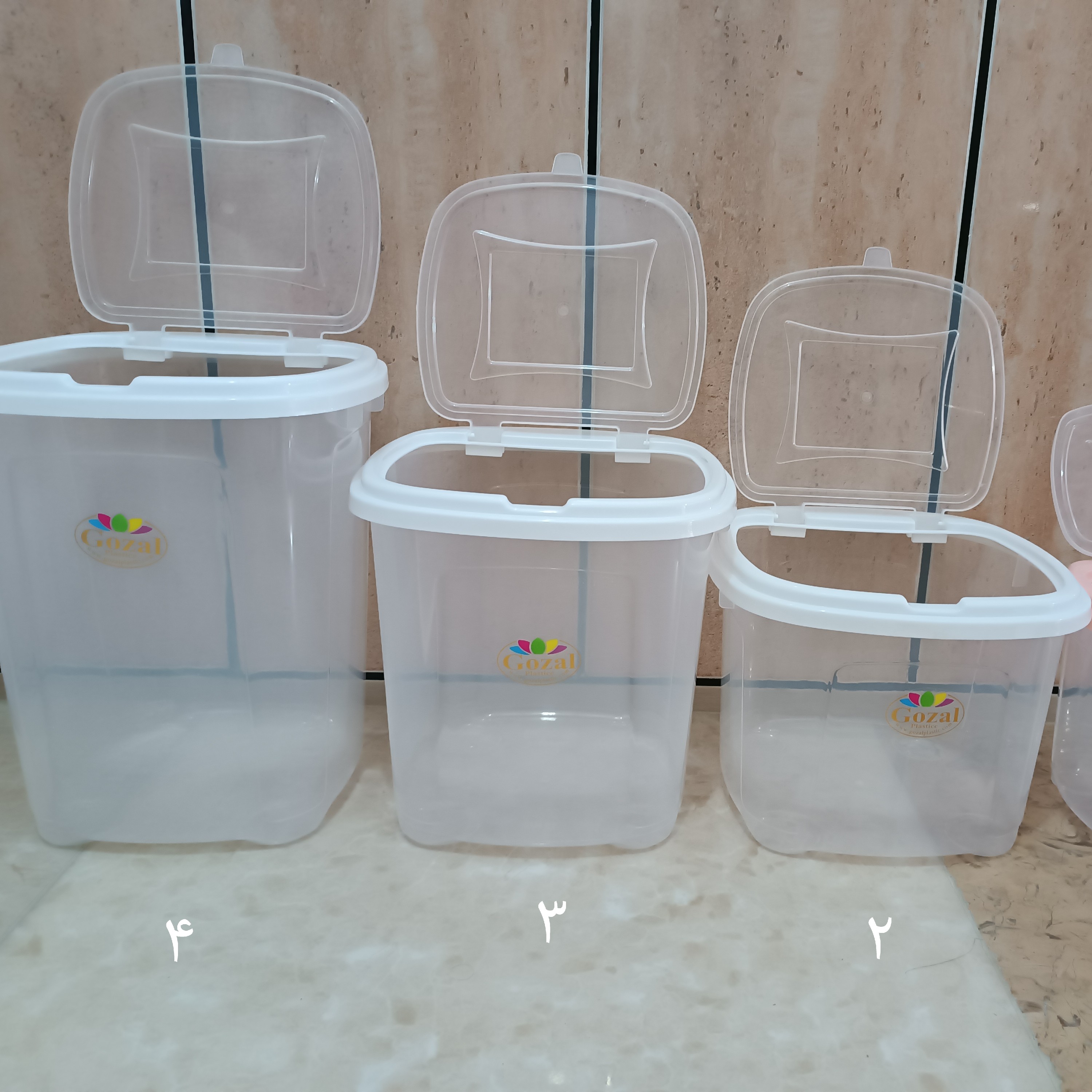 سطل حبوبات شفاف سایز3 ، 8کیلویی، رنگ درب سفید و بدنه شفاف، ارتفاع25 طول و عرض27