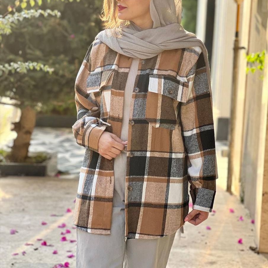 مانتو پاییزی پشمی چهارخونه فری سایز 36 تا 44