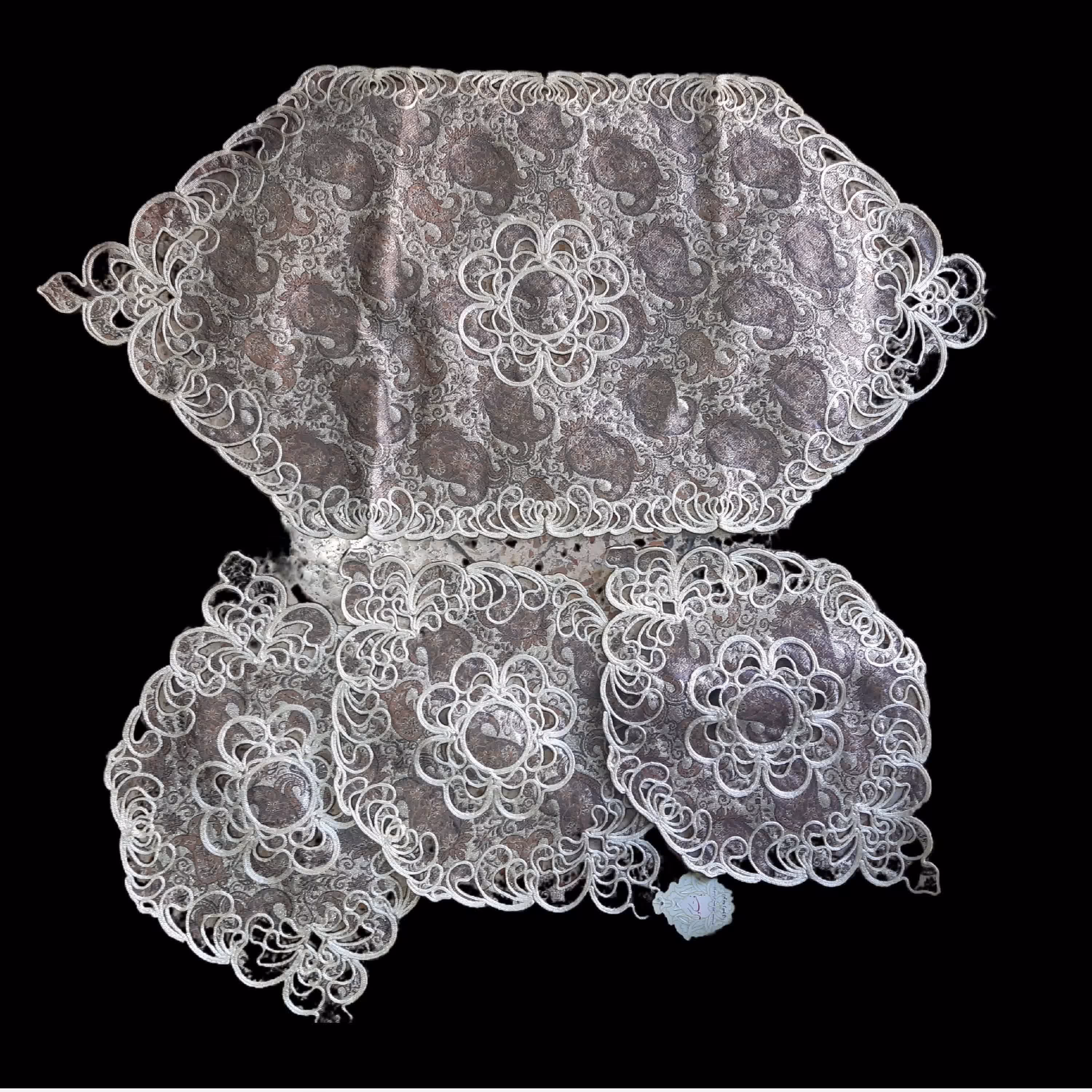 رومیزی چهارتکه ترمه رضوی قیطون دوزی بیضی