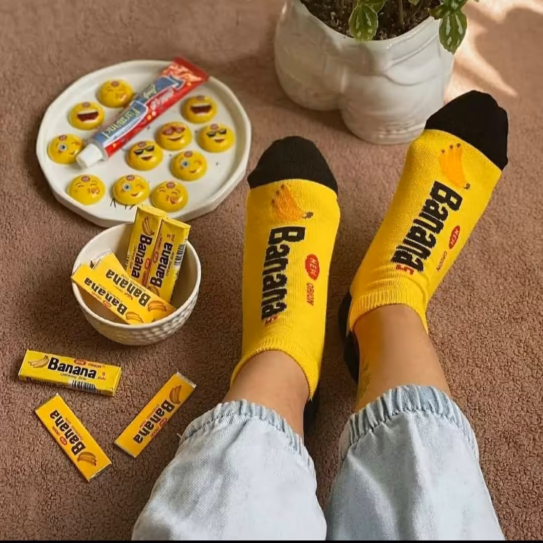 جوراب مچی فانتزی،طرح  آدامس موزی،زنانه و دخترانه،80درصد نخپنبه،مناسب سایز 36تا 42