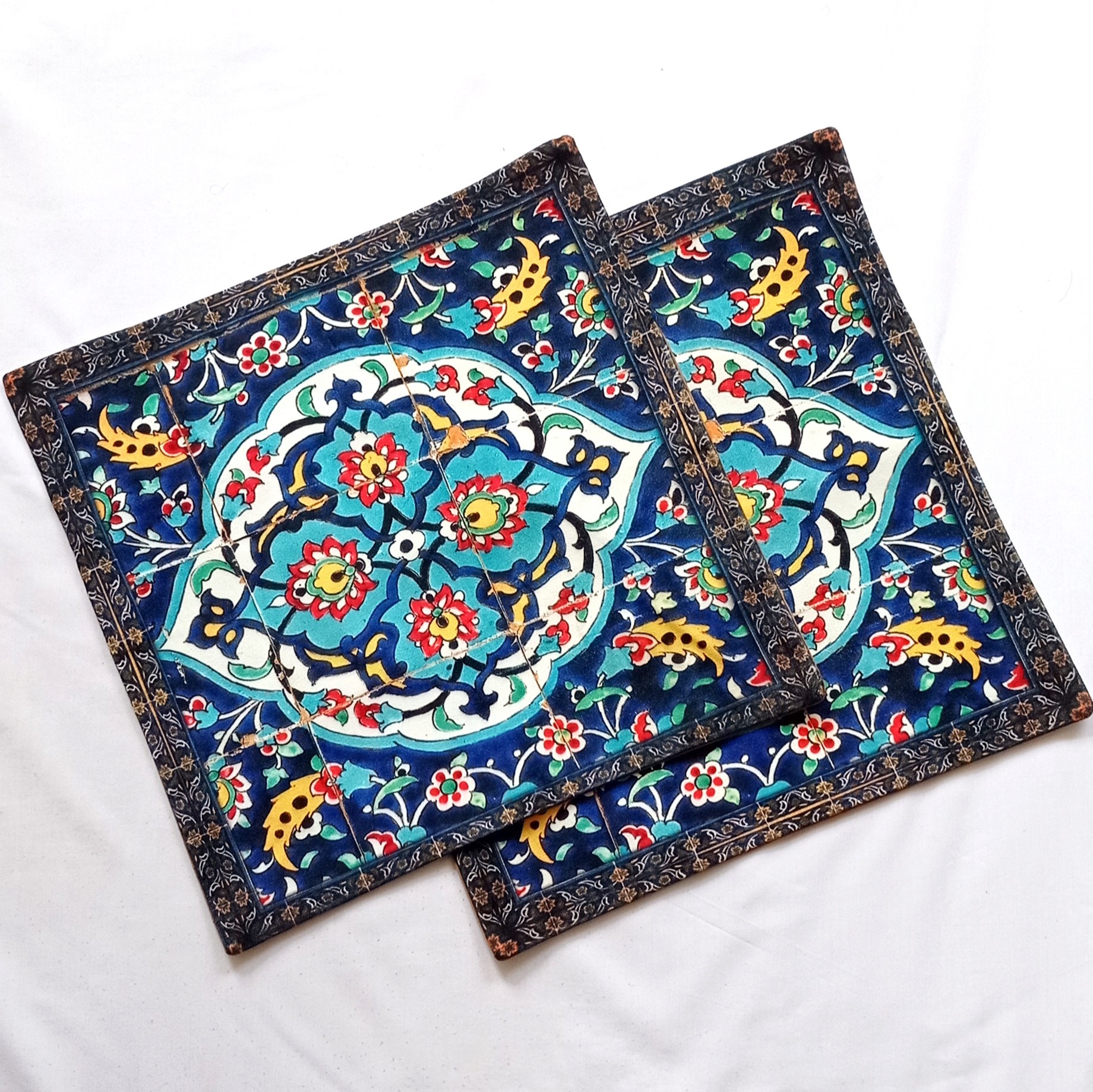 کاور کوسن مخمل کوبیده یک جفت سایز 40 در 40 طرح کاشی لاجوردی