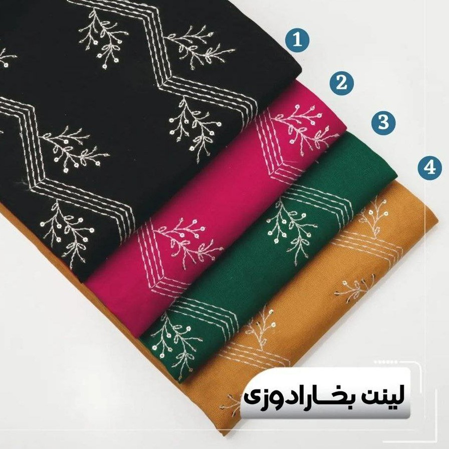 پارچه لینن بخارا دوزی ( پولک دوزی ). ( کالکشن بهاره ). مانتویی. یک متر با عرض 100 سانتی متر