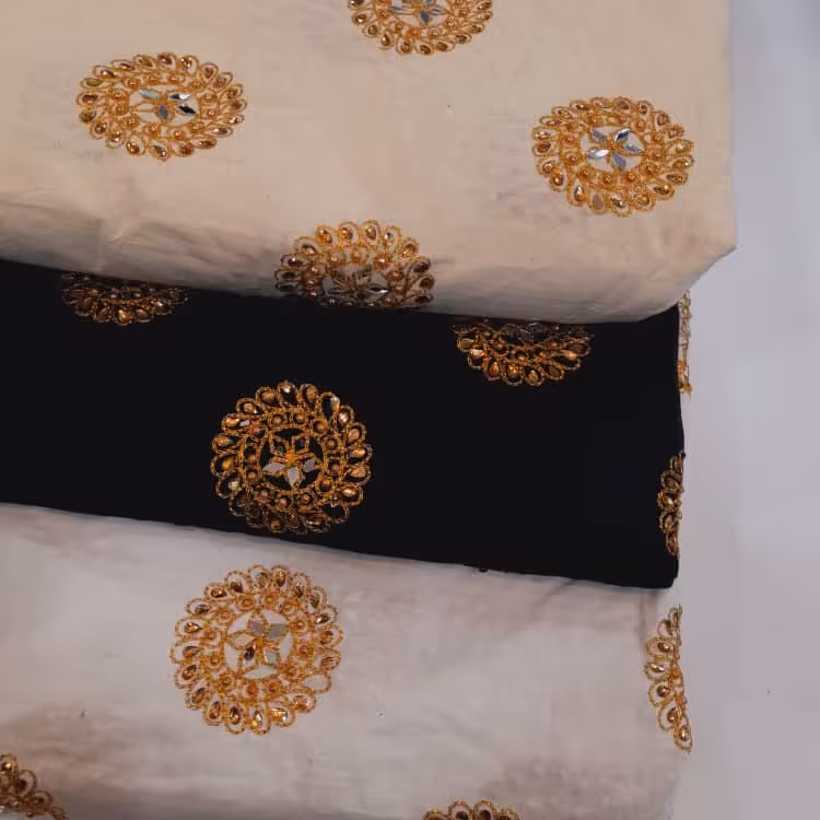 پارچه لنین خامه دوزی سفید مشکی کرم