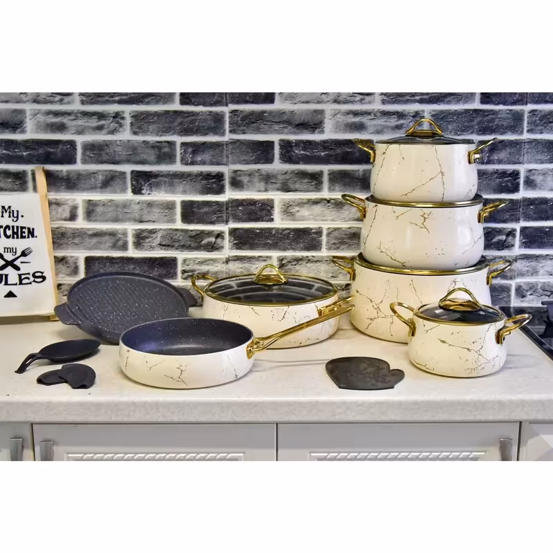 سرویس قابلمه 16 پارچه طرح ماربل سفید-استخوانی طلایی (B.V.K) 715516-6 