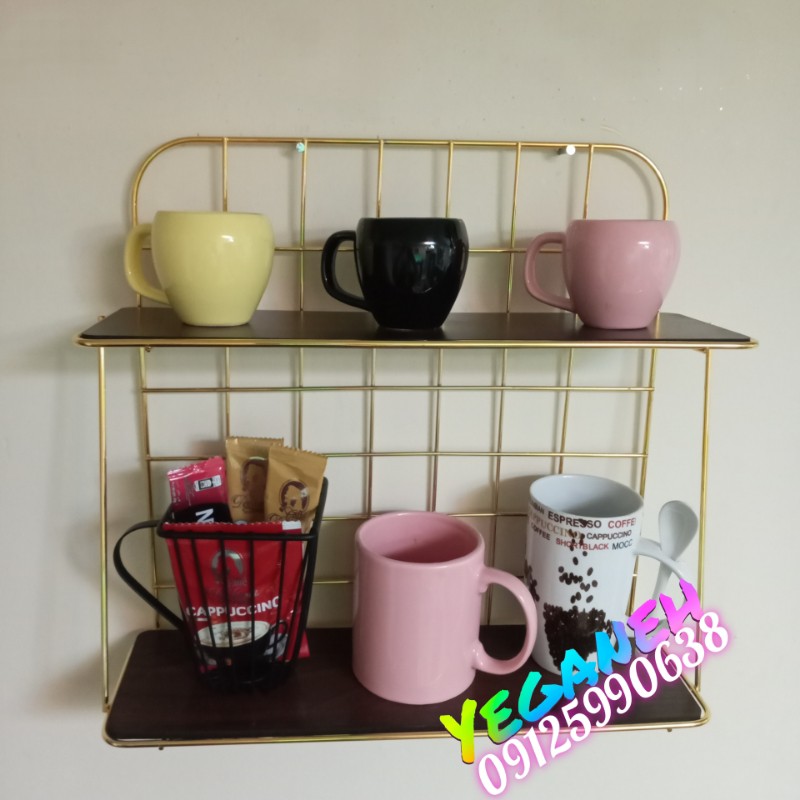 شلف دیواری شبکه ای بزرگ دکوراتیو تزئینات ماگ جای ادویه دوطبقه طلایی