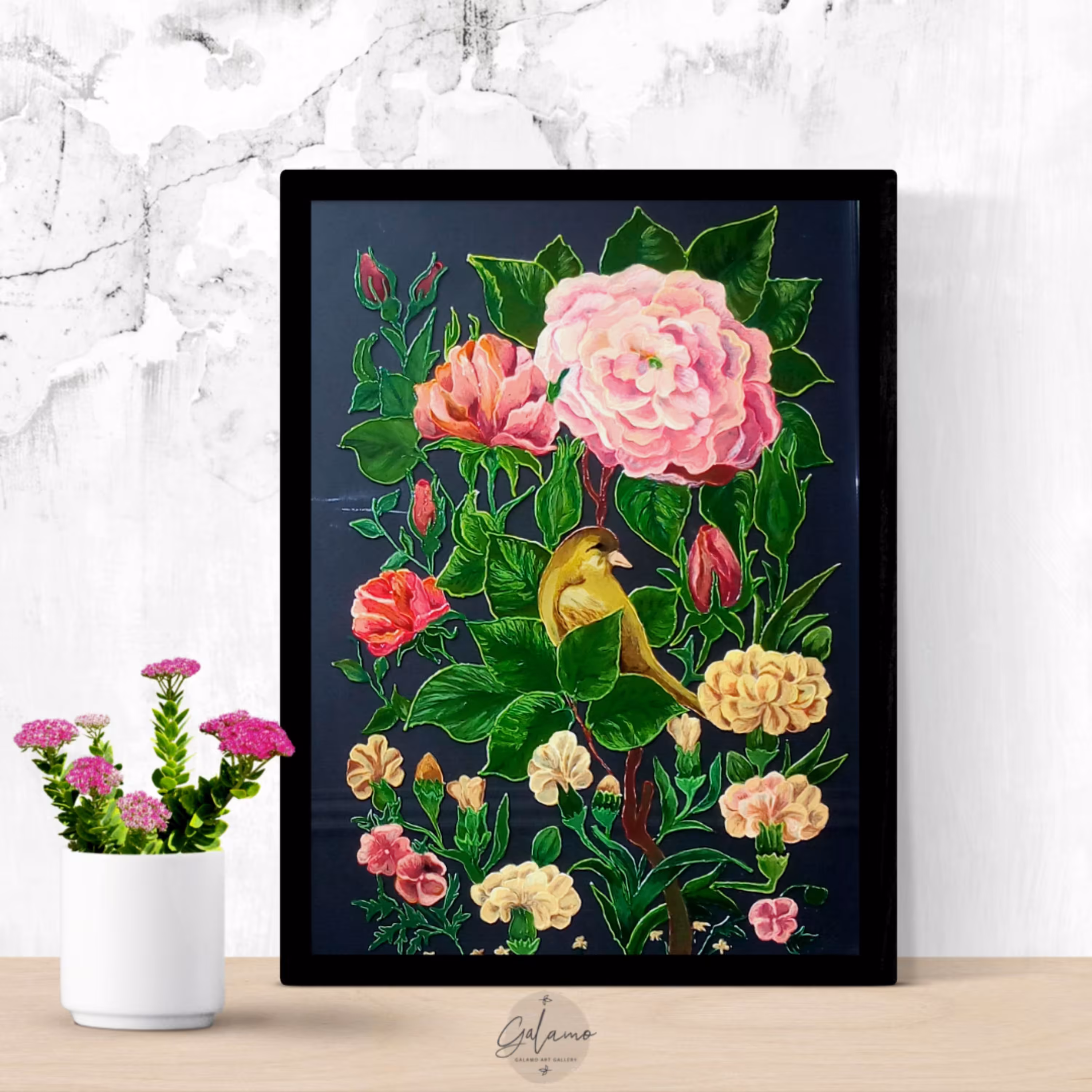 تابلو ویترای طرح گل و مرغ در ابعاد 30 در 40