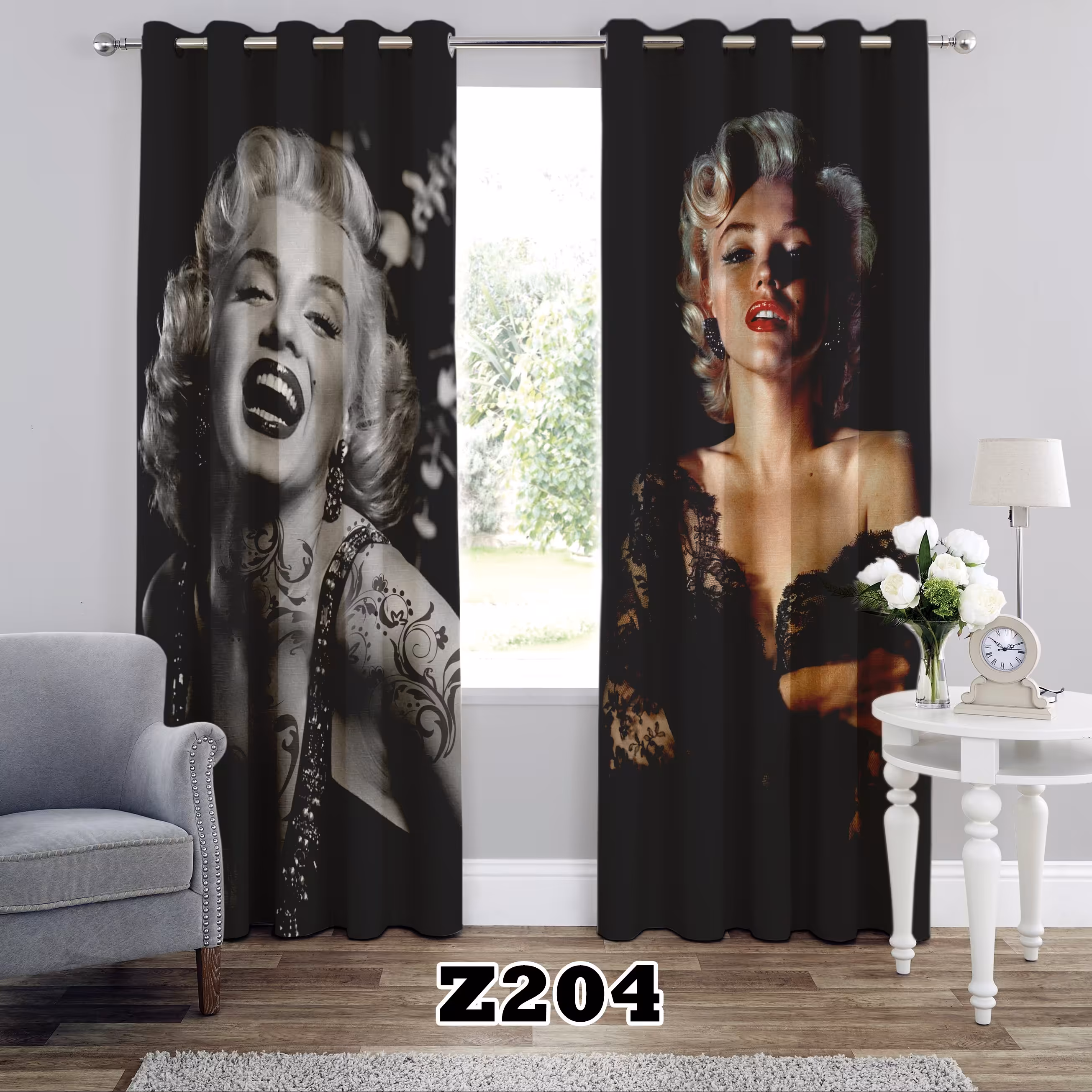پرده چاپی طرح مرلین مونرو کد Z204 تک قواره ارتفاع 300 عرض 140 سانت