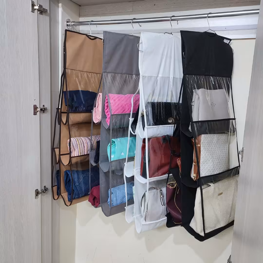 12 عدد  نظم دهنده آویز کیف 6 تایی با پارچه و تلق مناسب قابل شستشو