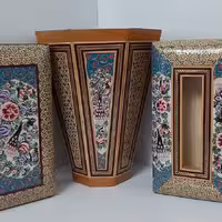 ست کامل و زیبای سطل و جادستمال کاغذی و جاکاردوچنگالی داخل تیغه دار خاتمکاری