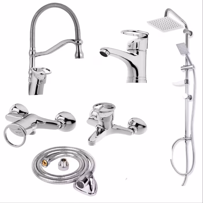 ست شیرآلات فنری مدل النگویی به همراه علم دوش حمام و شیلنگ توالت