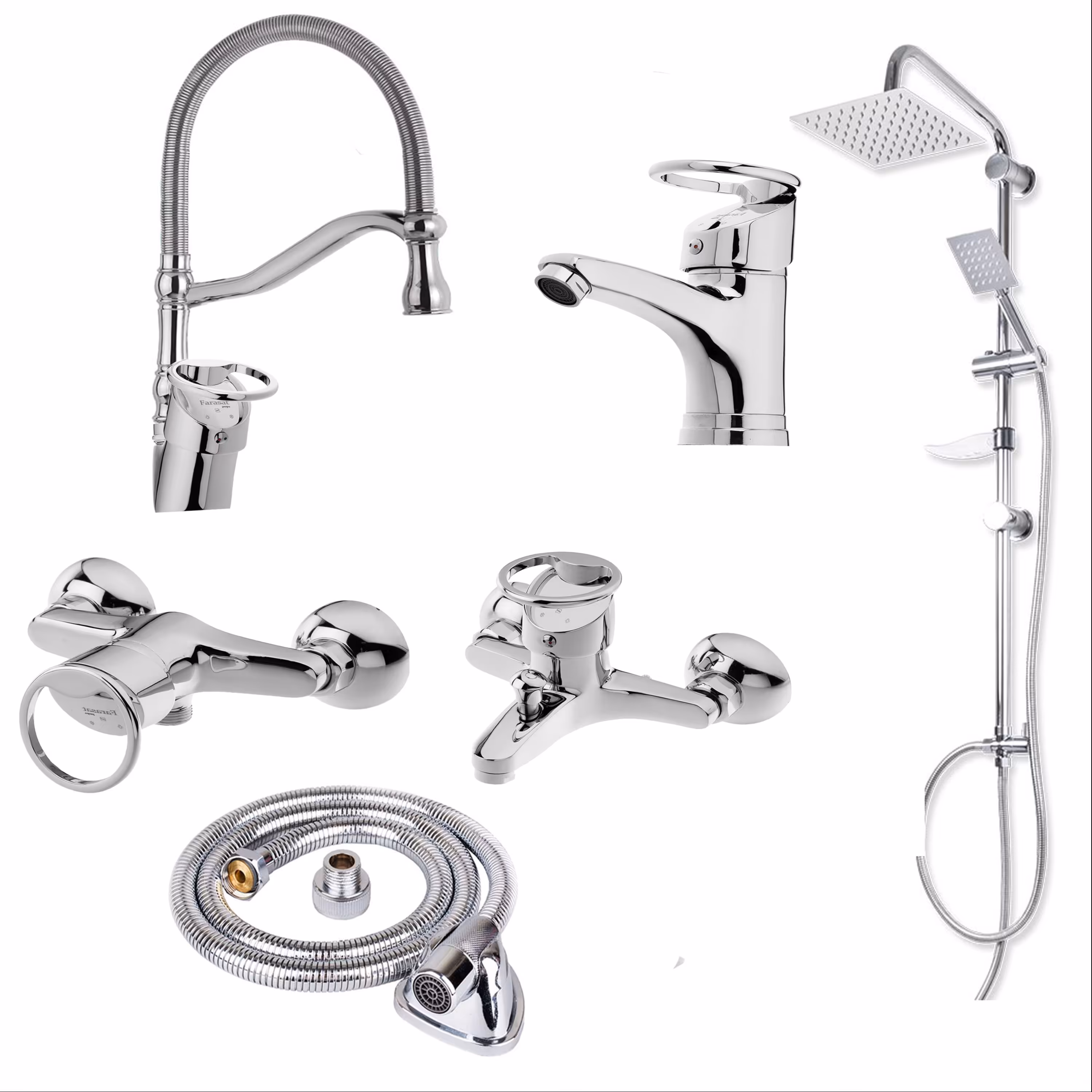 ست شیرآلات فنری مدل النگویی به همراه علم دوش حمام و شیلنگ توالت