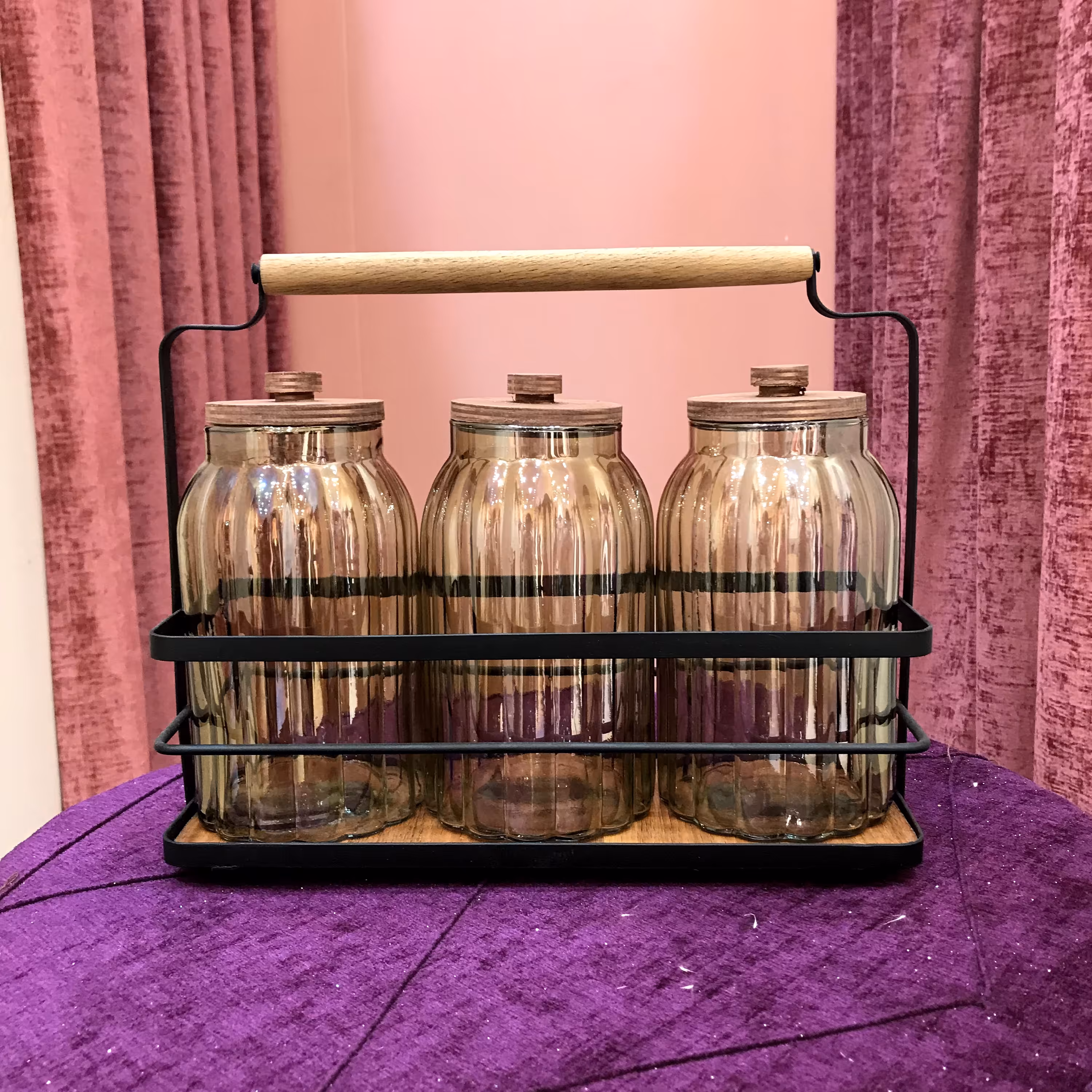 پاسماوری بانکه جاادویه ای 3تیکه شیشه ای شیاردار با درب چوبی و استند دار