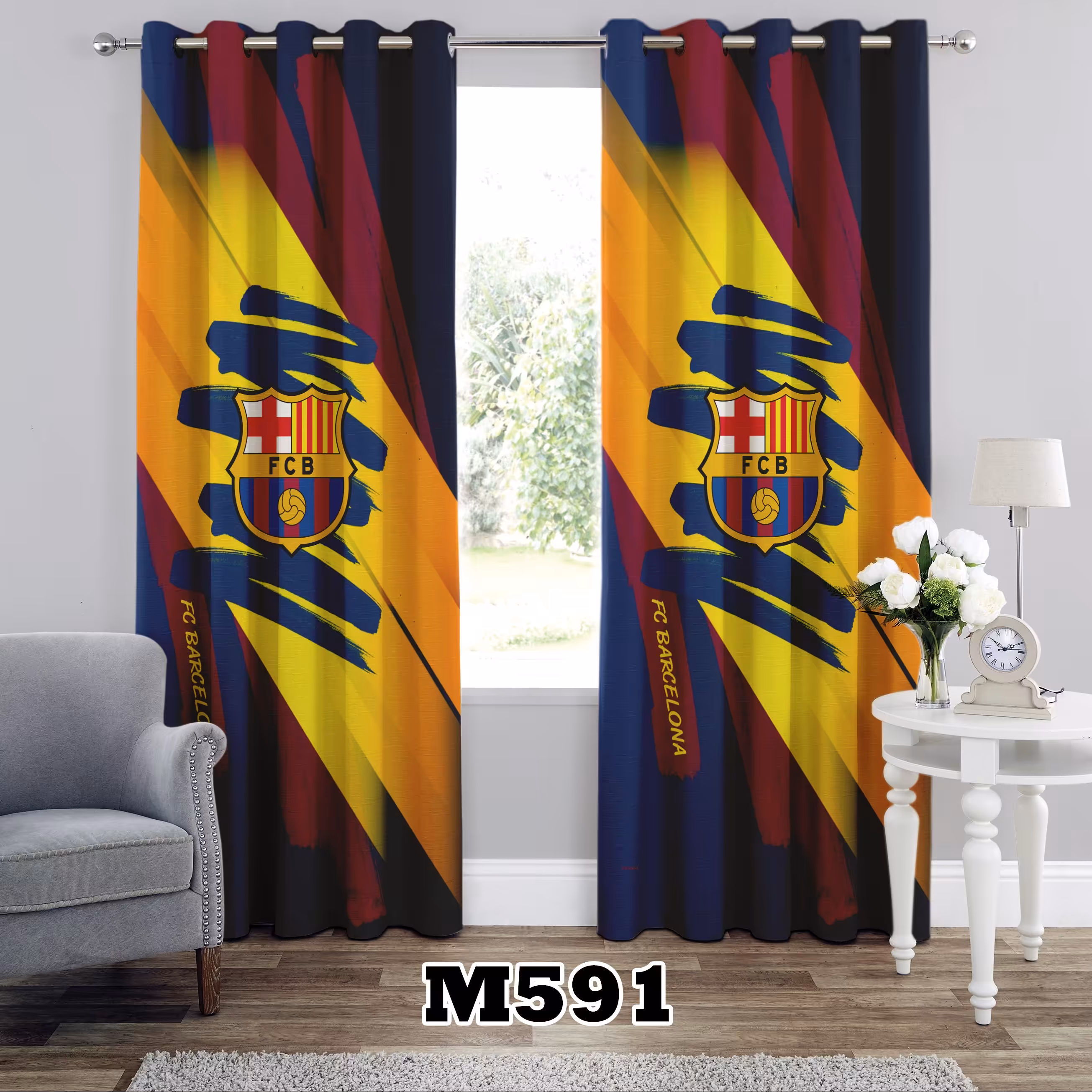 پرده چاپی طرح بارسلونا  کد M591 تک قواره ارتفاع 300 عرض 140 سانت
