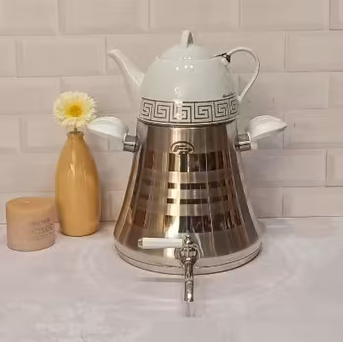 کتری قوری روگازی کد 205 مدل زاگرس سفید برند اف ار سماور شیردار کف چدن دسته نسوز