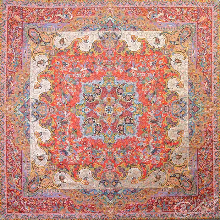رومیزی ترمه ابریشمی طرح ارم ممتاز سالاری یزد ـ مربع یک متر (بغچه) ـ قرمز تارسفید