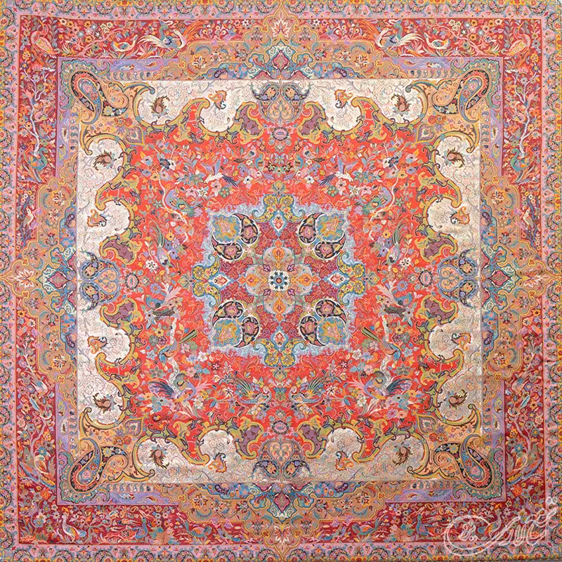 رومیزی ترمه ابریشمی طرح ارم ممتاز سالاری یزد ـ مربع یک متر (بغچه) ـ قرمز تارسفید