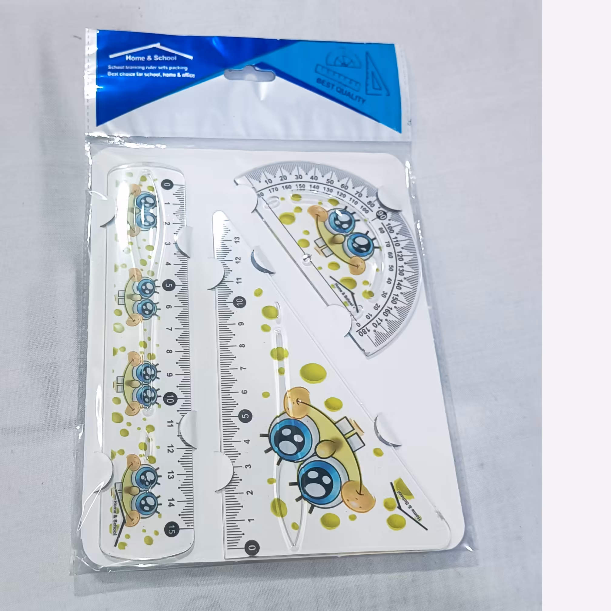 ست گونیا ، نقاله و خط کش 3 تیکه طرح فانتزی جنس شیشه ای محکم