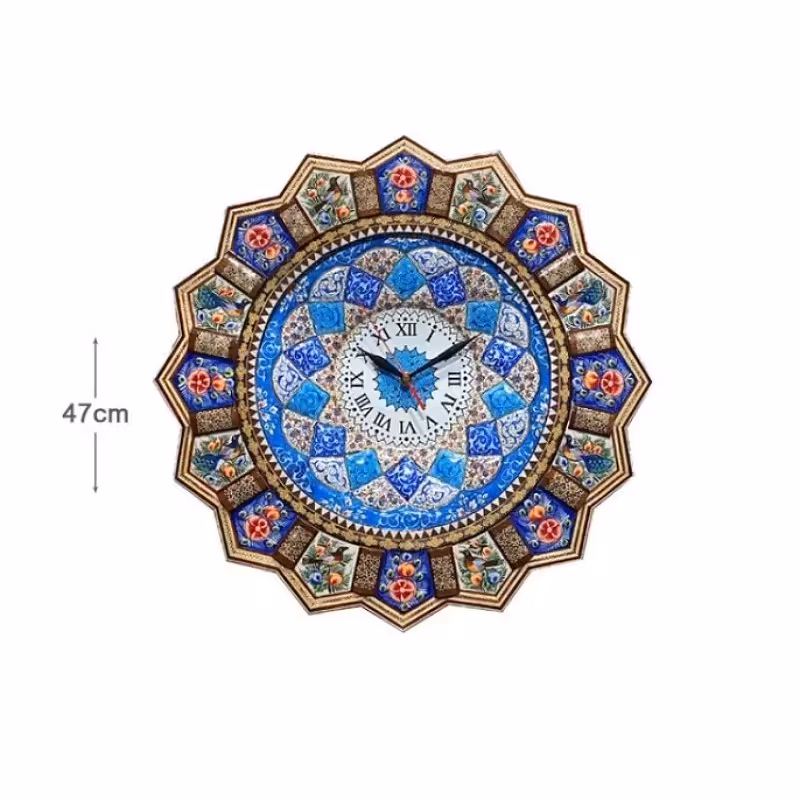 ساعت دیواری خاتم گل مرغ با میناکاری، 47 سانتی