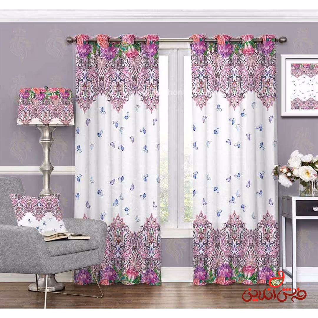 پرده سنتی سفید و گل های صورتی کد 3245