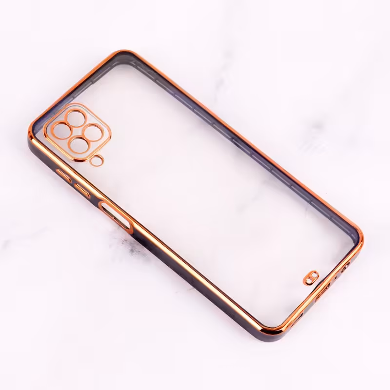 قاب سامسونگ A12 مدل کروم دور طلایی شفاف دارای محافظ لنز  دوربین رنگ مشکی