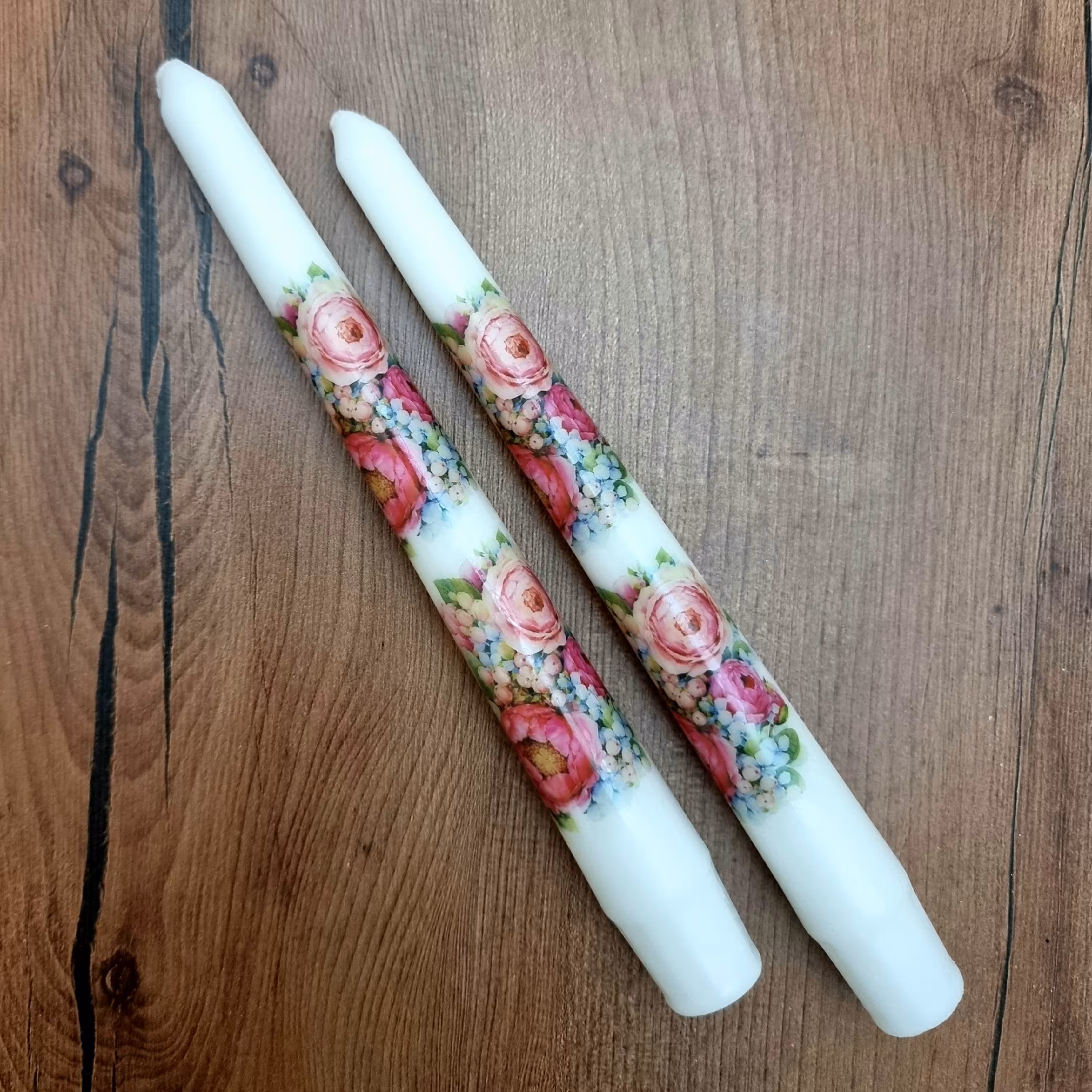 شمع قلمی 20 سانت جفتی دستساز طر ح گل صورتی