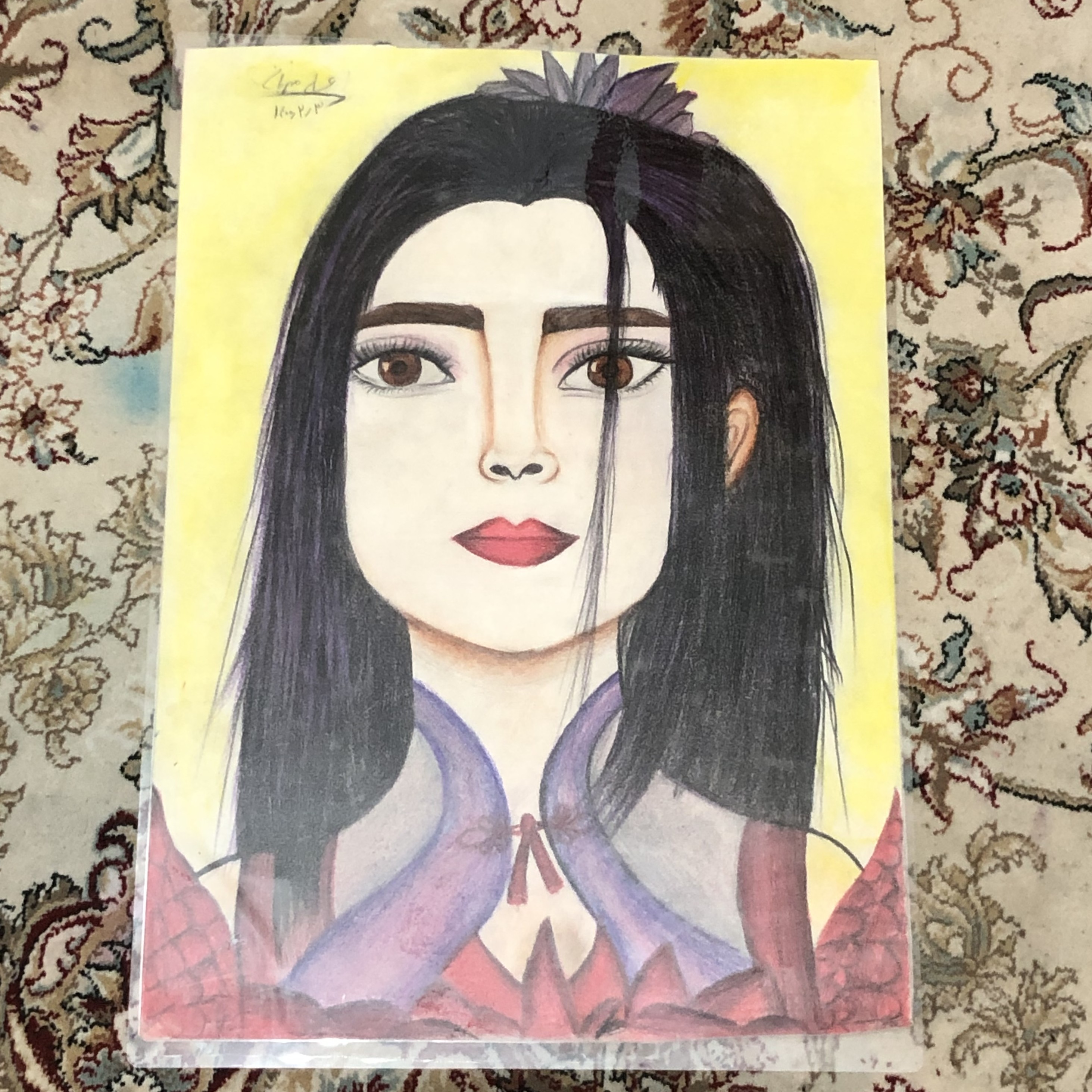 نقاشی دختر،پرس شده،تکنیک مداد رنگی و پاستل گچی،توضیح بیشتر در گفت و گو