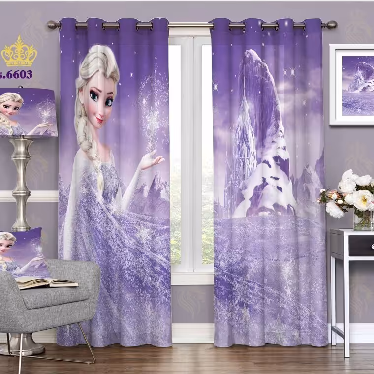 پرده اتاق کودک دخترانه دو فقره پانچ طرح فروزن السا کد S6603