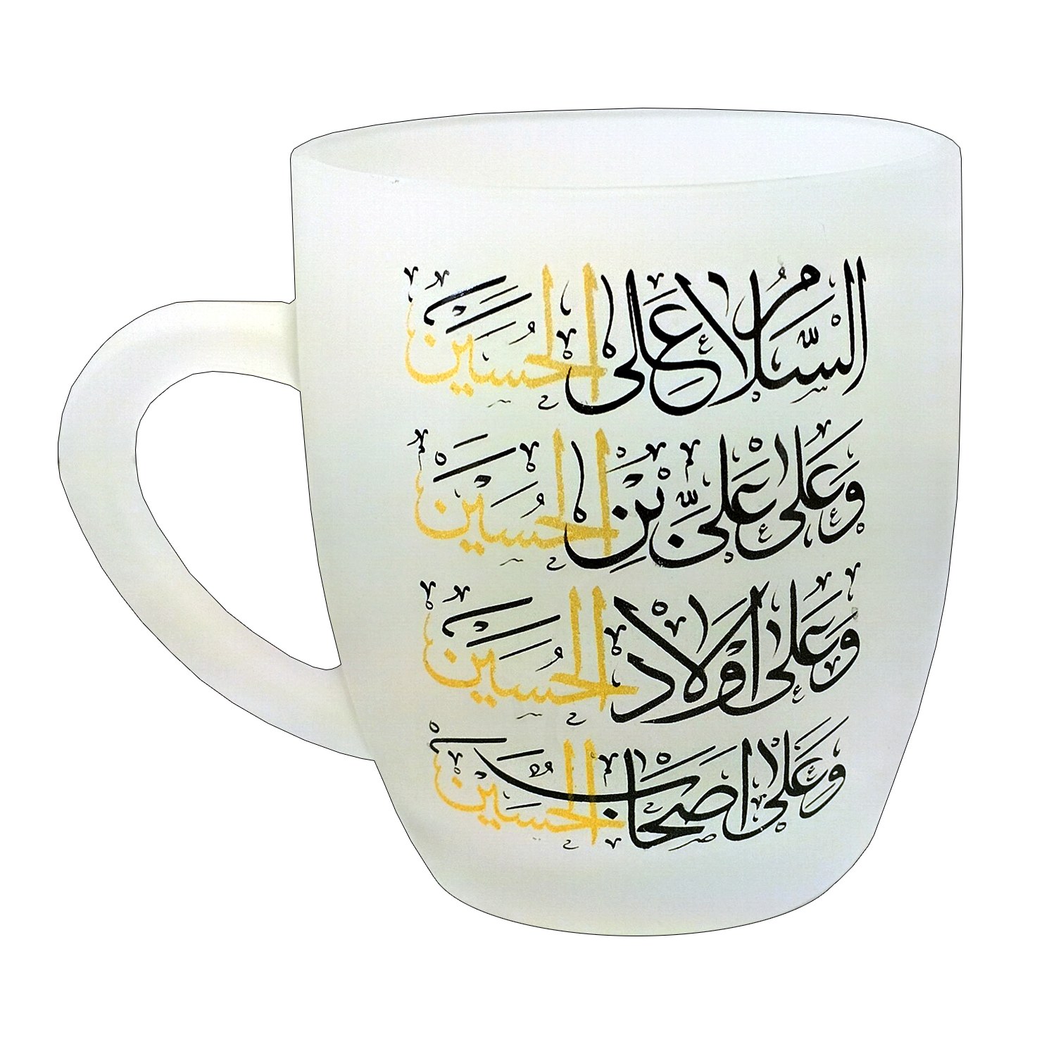 102747-لیوان شیشه ای مذهبی دسته دار مات چهار سلام-در سه رنگ (قرمز-طلایی-سبزی)