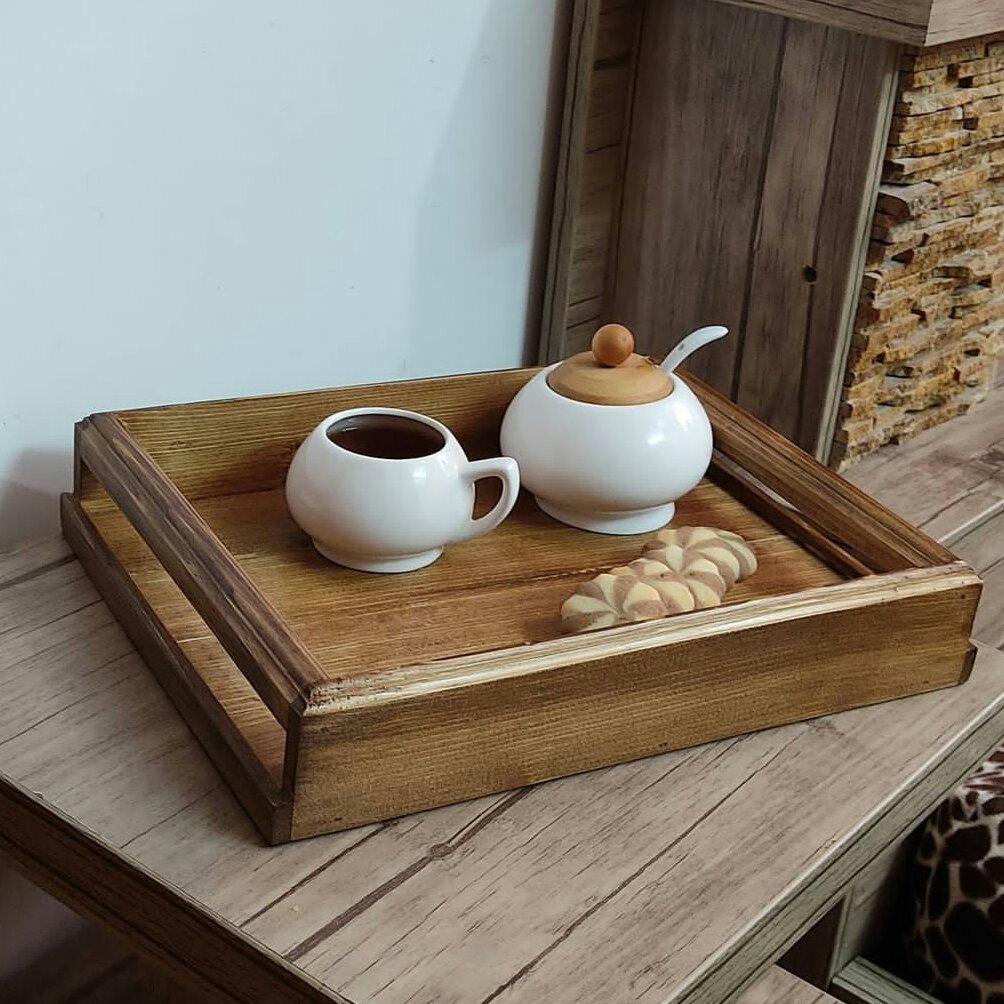 سینی دسته دار چوبی رنگ قهوه ای چوب روس ضد آب