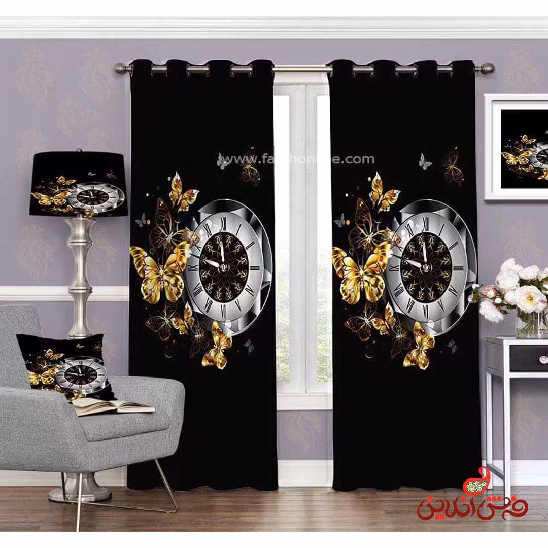 پرده طرح ساعت و پروانه طلایی کد 3378