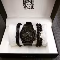 ست ساعت دستبند هابلوت دور استیل رنگ ثابت ضد حساسیت دستبند سه تایی سنگی چرمی استیل مشکی