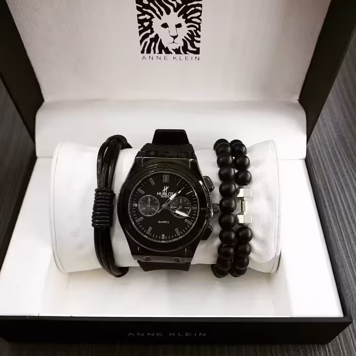 ست ساعت دستبند هابلوت دور استیل رنگ ثابت ضد حساسیت دستبند سه تایی سنگی چرمی استیل مشکی