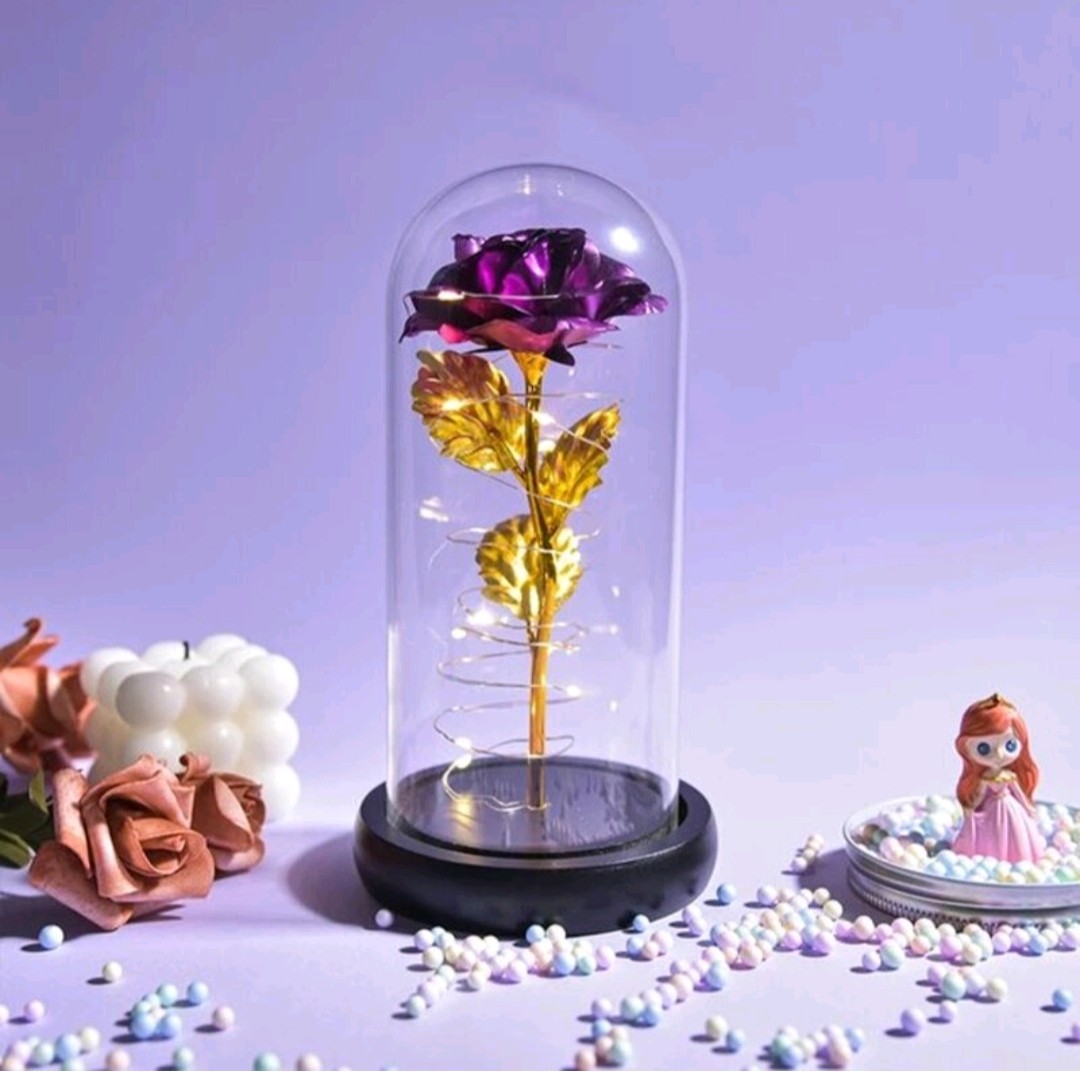 باکس گل شیشه ای دکوری زیبا با گل گلکسی و ریسه چراغدار ارسال رایگان پستی