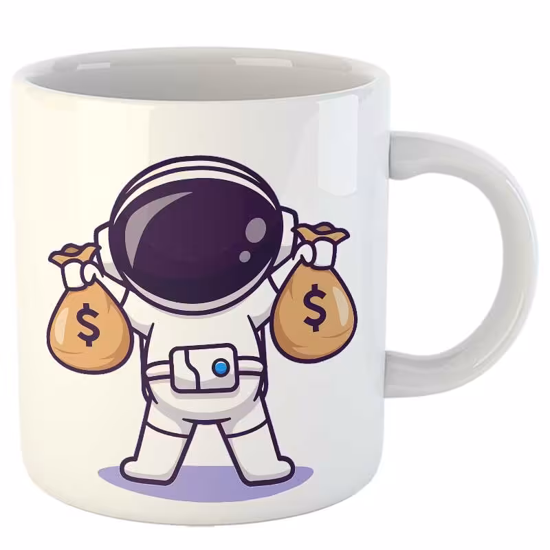 ماگ سرامیک طرح فضانورد و کیسه های دلار