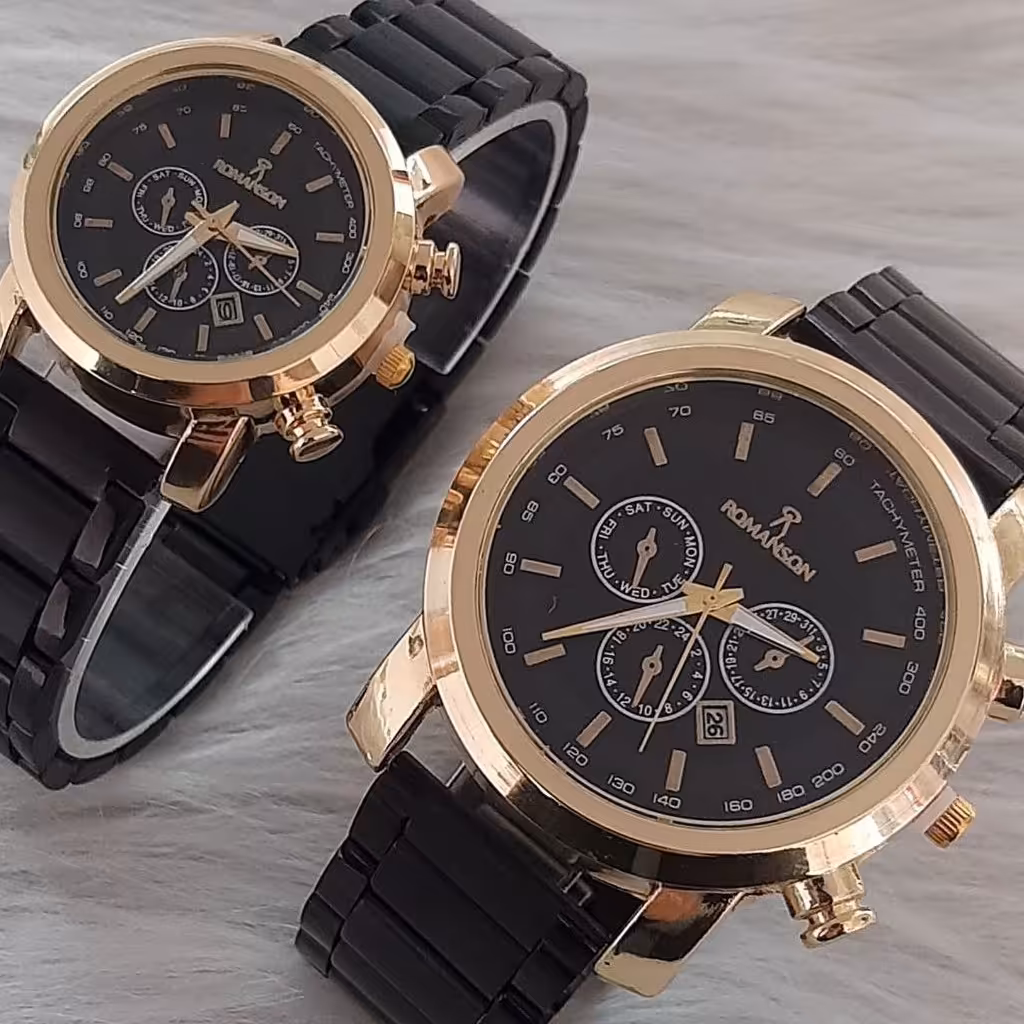 ست ساعت زنانه و مردانه مارک رومانسون طرح دوم  بنداستیل مشکی صفحه مشکی قاب طلایی. طرح سه موتوره
