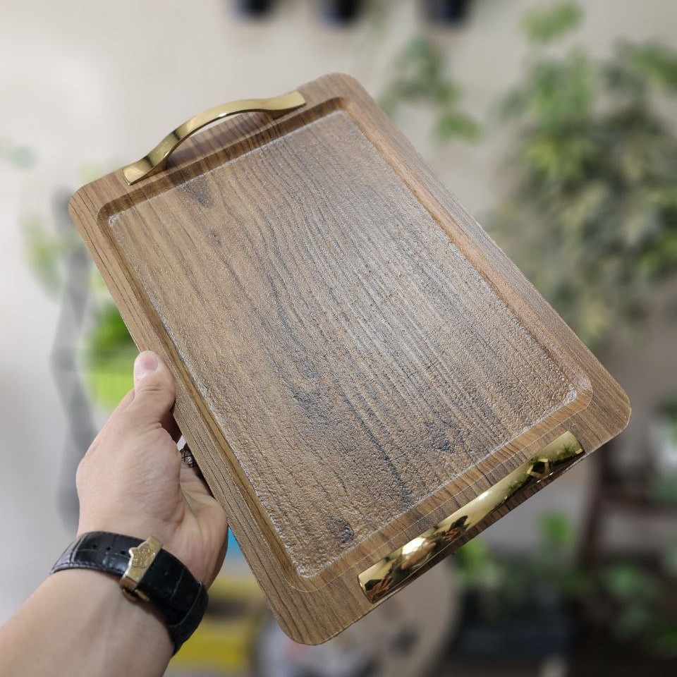 سینی چوبی روکش دار دسته فلزی مربعی