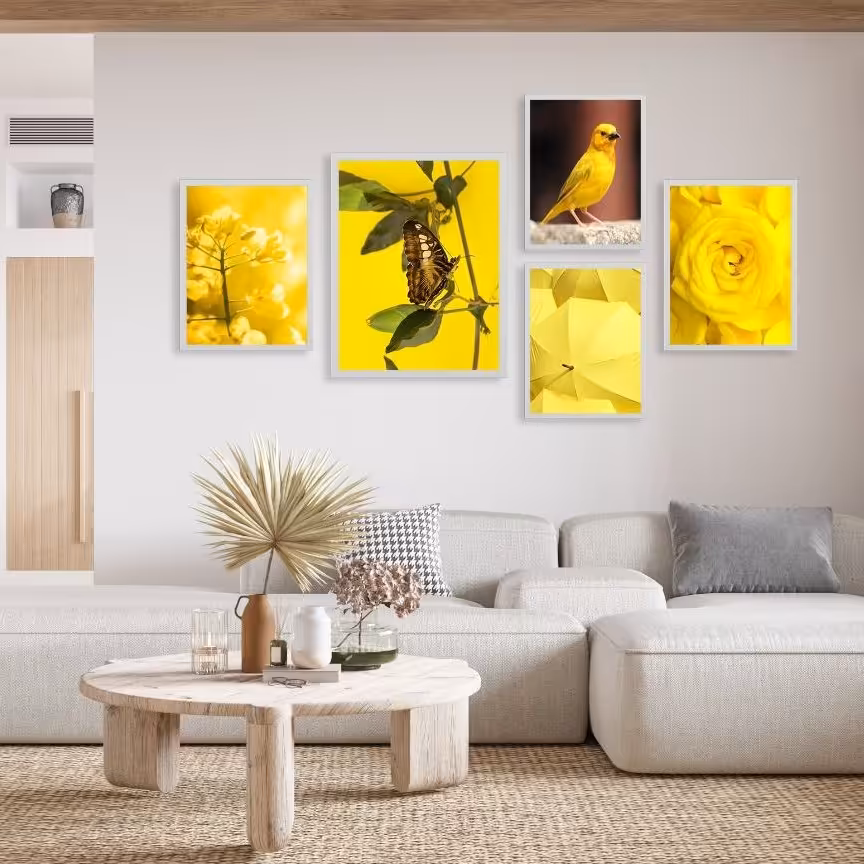 تابلو دکوراتیو پرنده ،پروانه وگلهای زرد پنج تکه